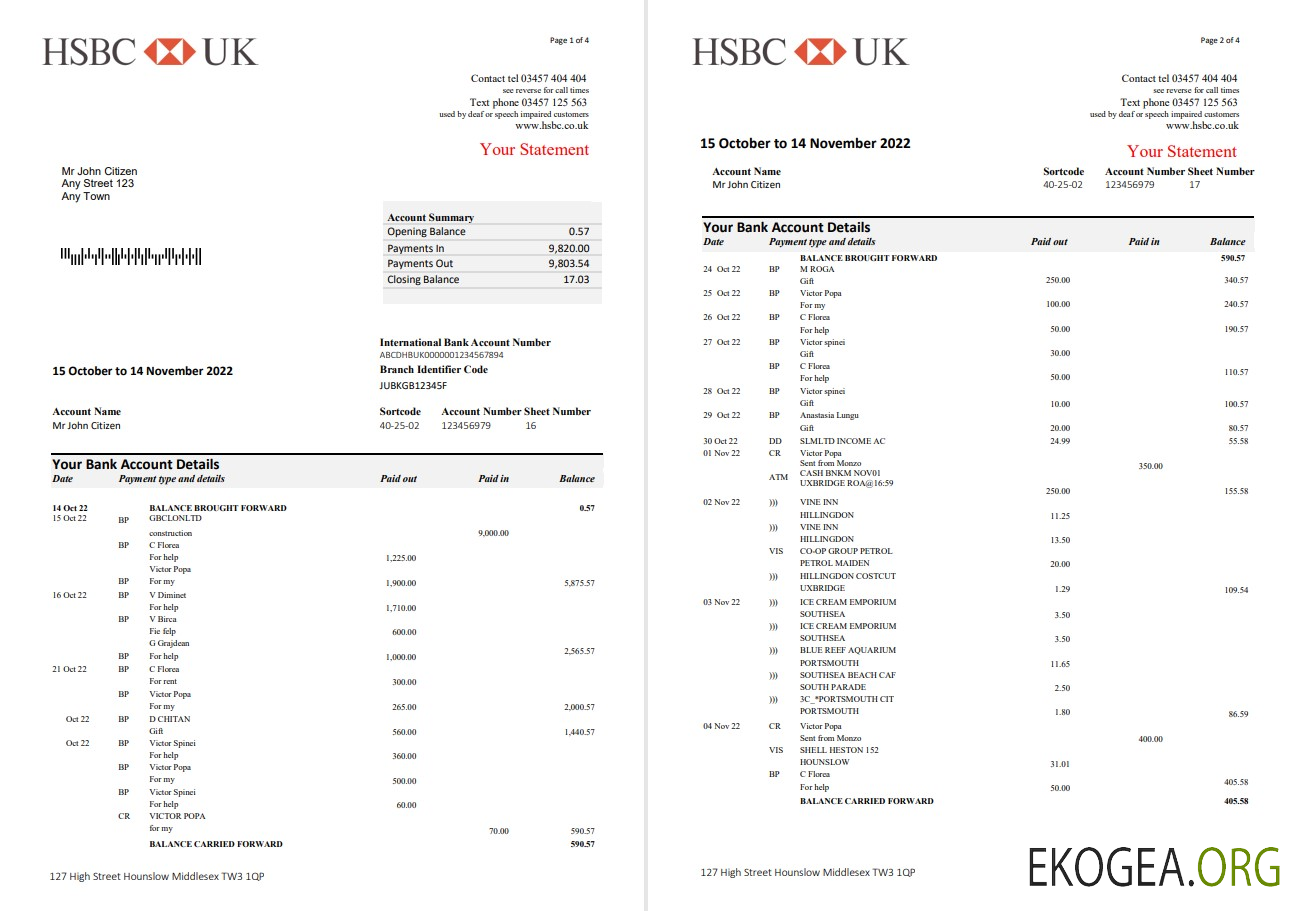 Relevé bancaire HSBC Royaume Uni, modèle Word et PDF, 5 pages